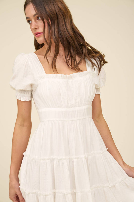 SQUARE NECK SMOCKED DETAIL TIERED MINI DRESS: WHITE