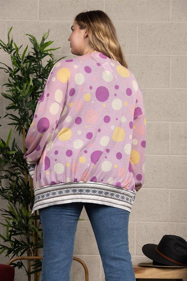 PLUS SWEET POLKA DOTS PRINT RIB STITCH BUTTON CARDIGAN