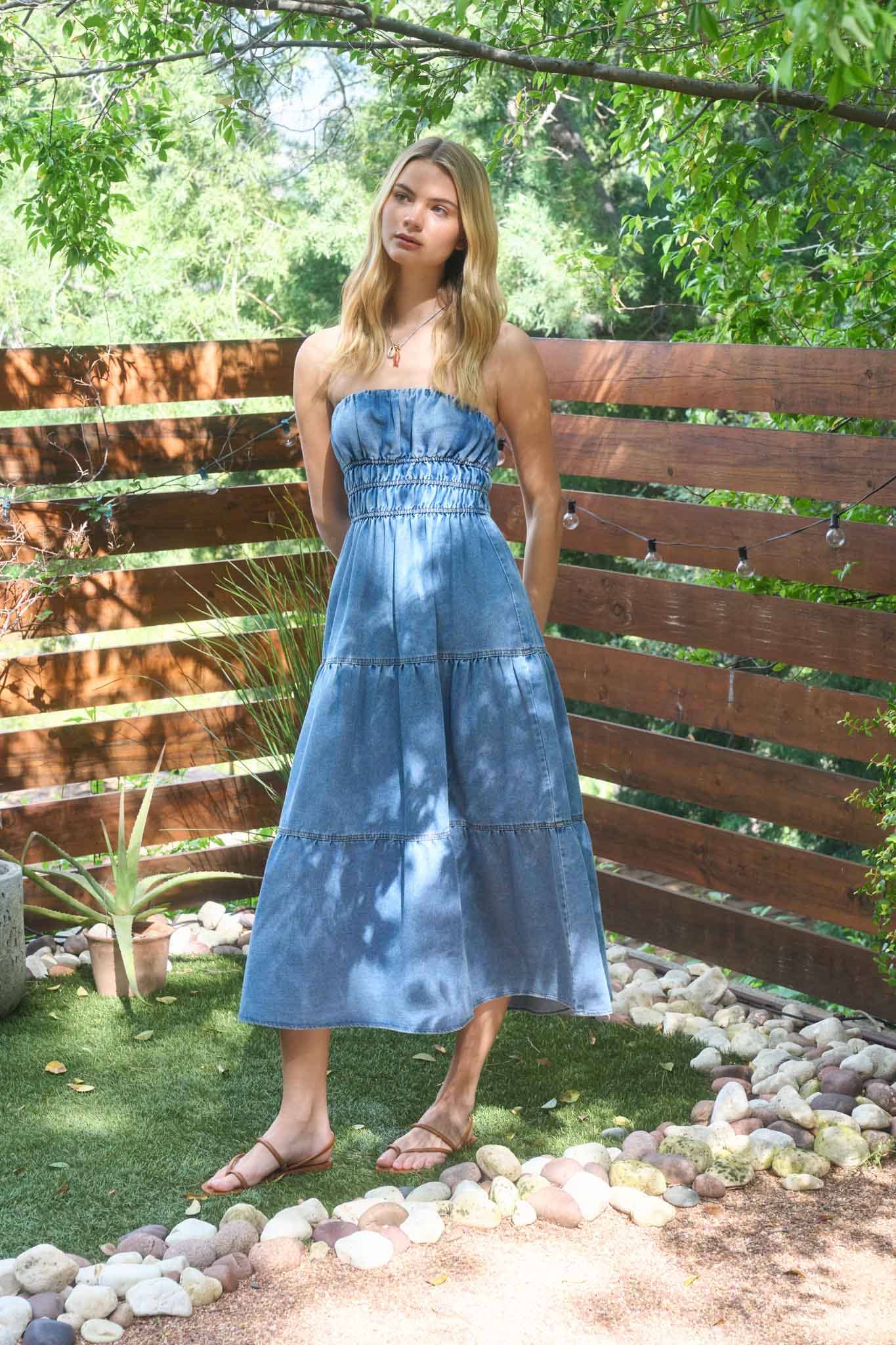 STRAPLESS SHIRRED TIERED DENIM MIDI DRESS