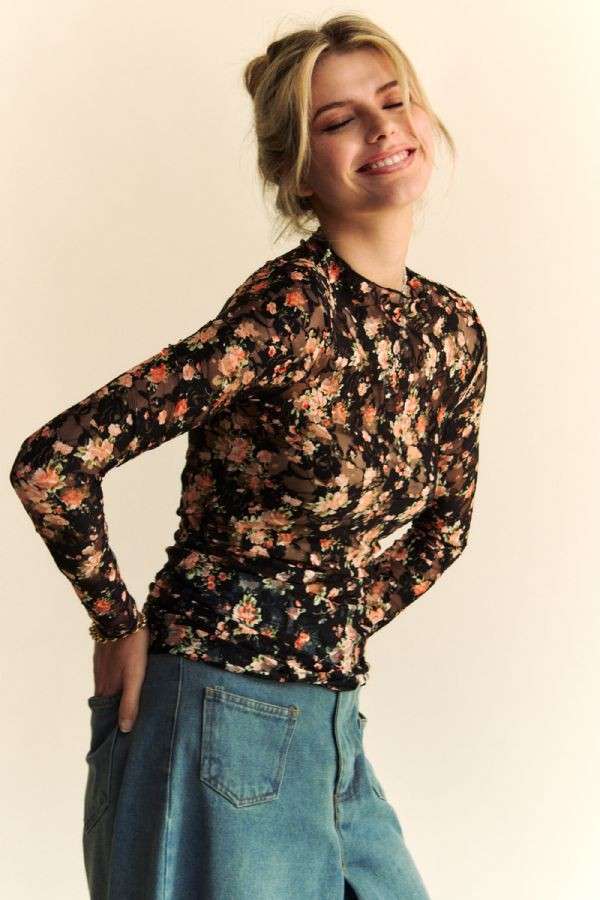 FLORAL PRINT MESH LONG SLEEVE LAYERING TOP: BLACK/ORANGE