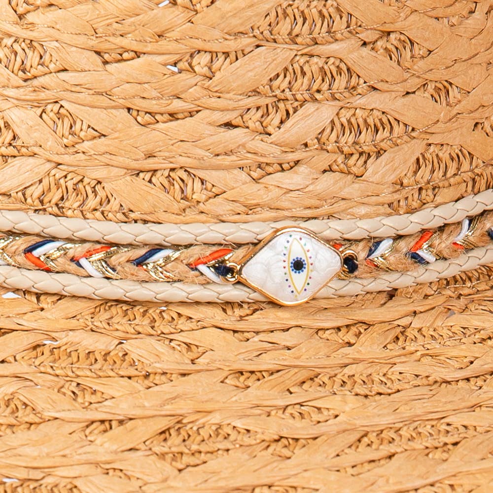 Straw Sun Hat with Straw Braided Evil Eye