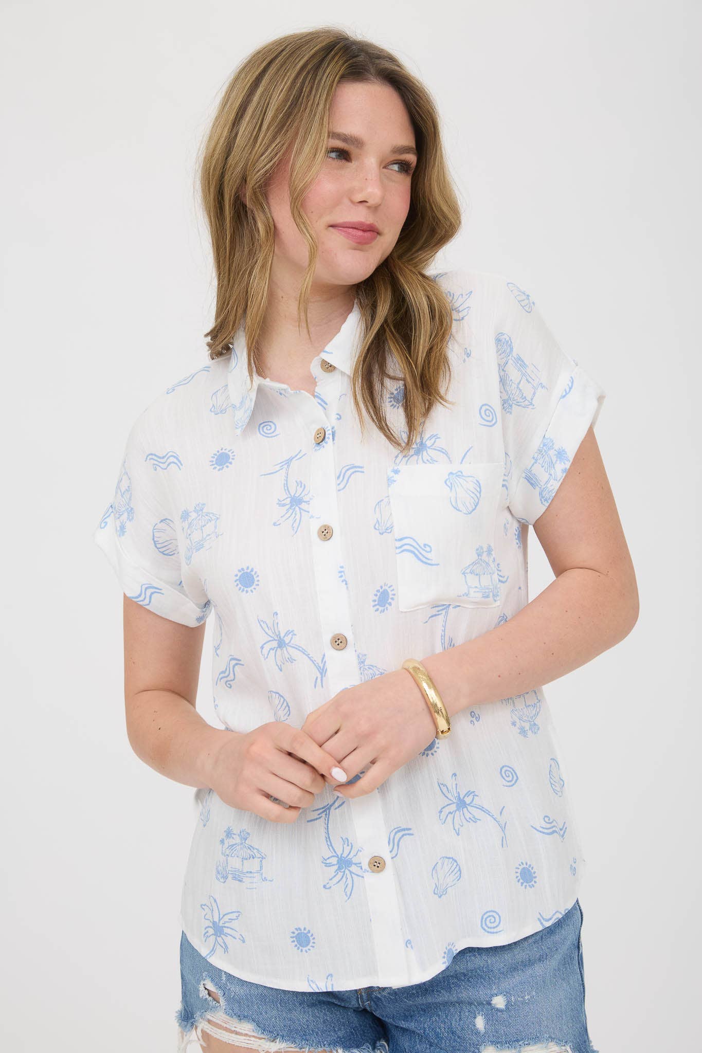 SUMMER PRINT COLLARED SHORT SLEEVE SHIRT: LIGHT BLUE