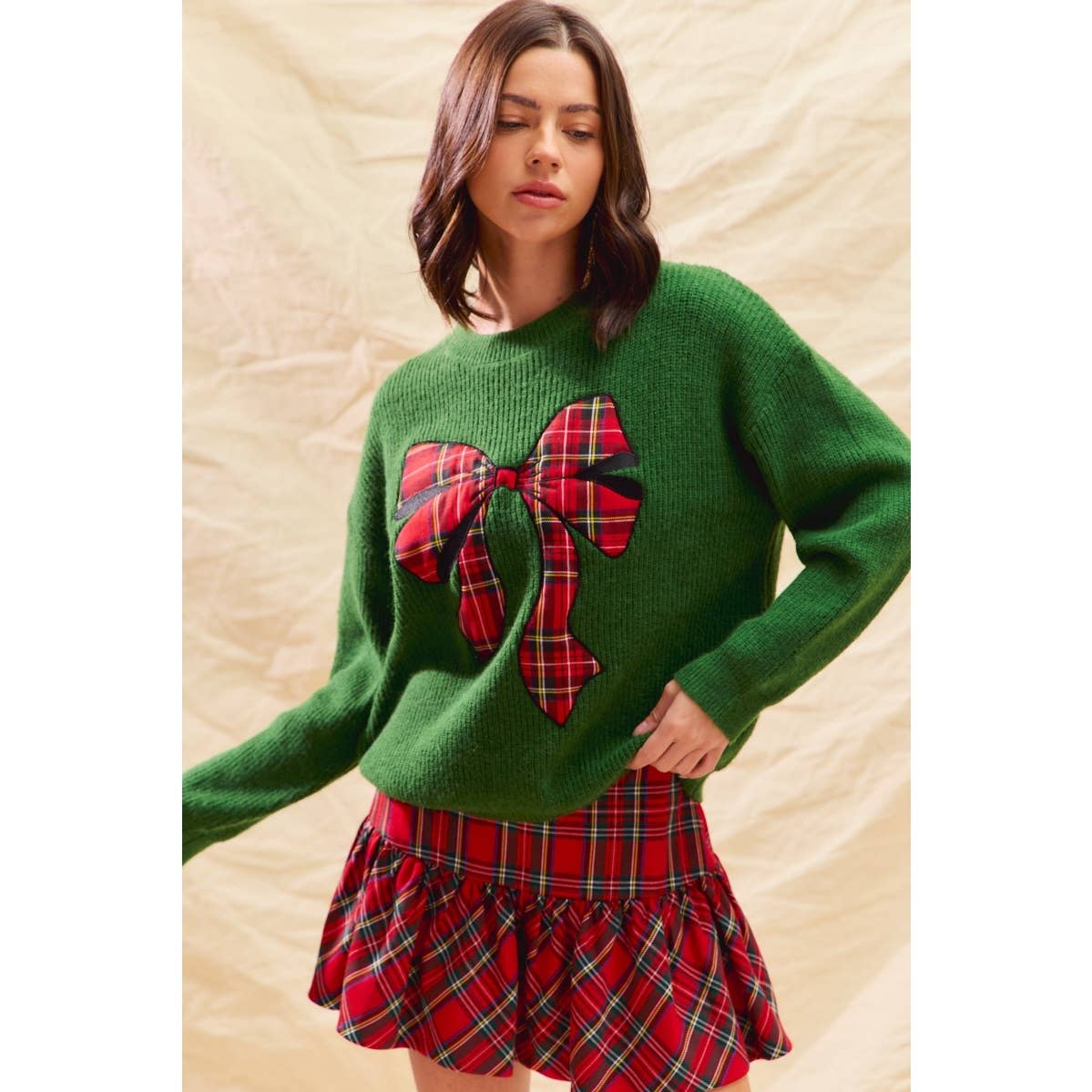 CHECKER PLAID RIBBON CHRISTMAS HOLIDAY SWEATER TOP: GREEN / S