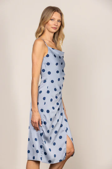 BLUE POLKA DOT SPAGHETTI STRAP SLIT HEM MIDI DRESS