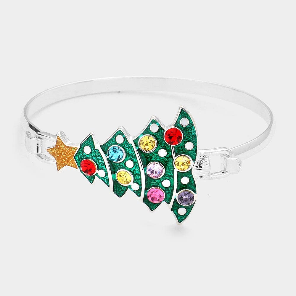 Stone Embellished Enamel Christmas Tree Bangle Bracelet