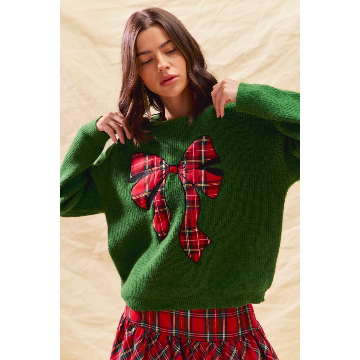 CHECKER PLAID RIBBON CHRISTMAS HOLIDAY SWEATER TOP: GREEN / S