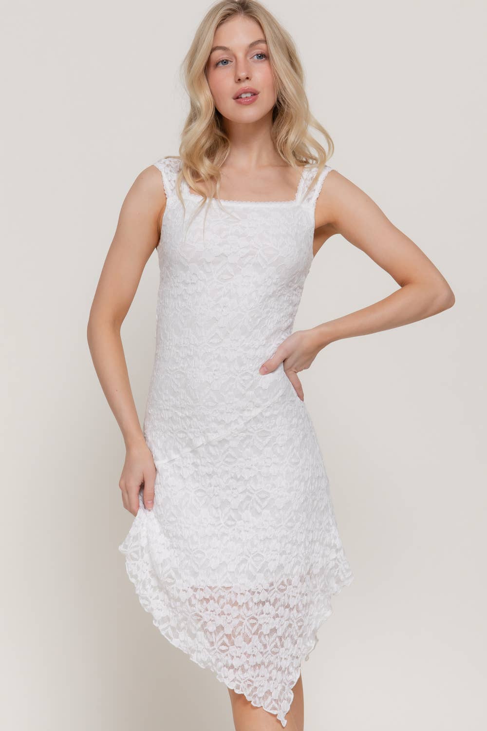Straight Neckline Lace Asymmetrical White Hem Dress