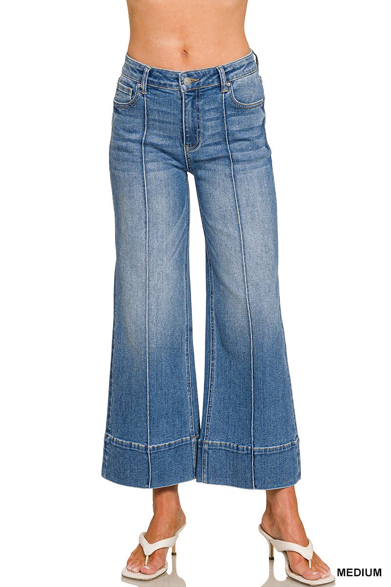 Cropped Wide Leg Pintuck Denim Jean