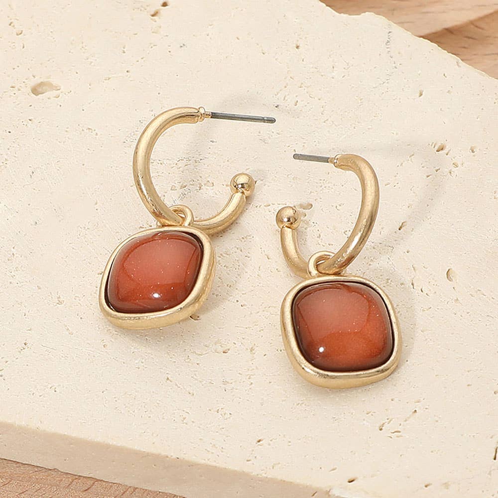 Square Stone Drop Hoop Earrings