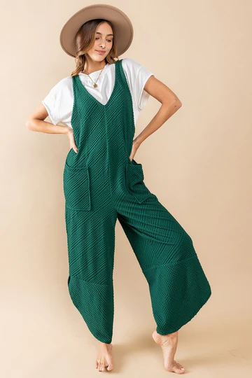 FOREST GREEN TEXTURED KNIT SLEEVELESS JUMPSUIT