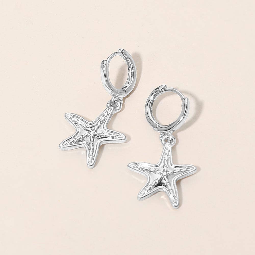 Starfish Charm Drop Huggie Hoop Earrings: Rhodium