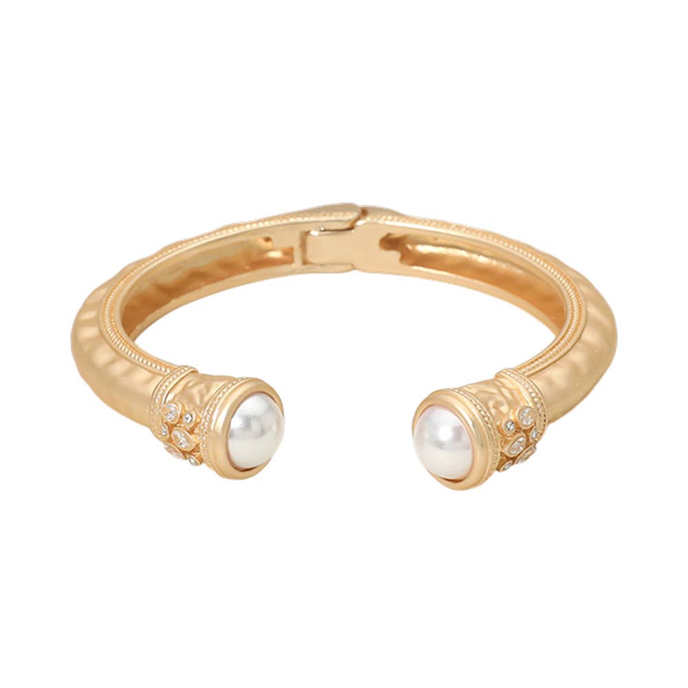 Pearl Tip Accent Hinged Cuff Bracelet: Cream,Gold