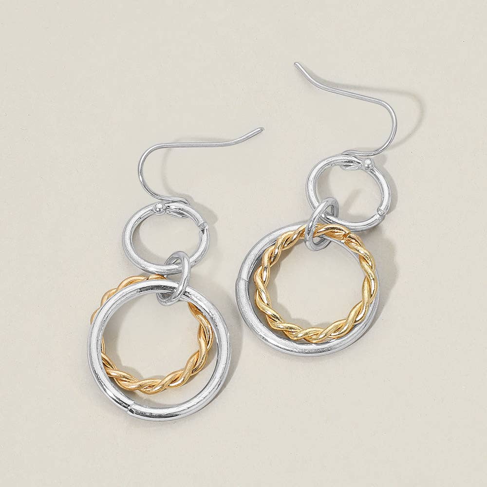 Twisted Metal Double Circle Link Drop Earrings: Worn Gold