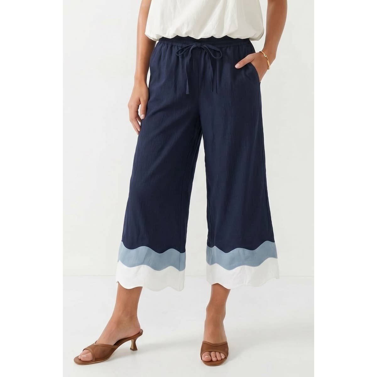 Wavy Colorblock Wide Leg Pants: Dark Navy / S