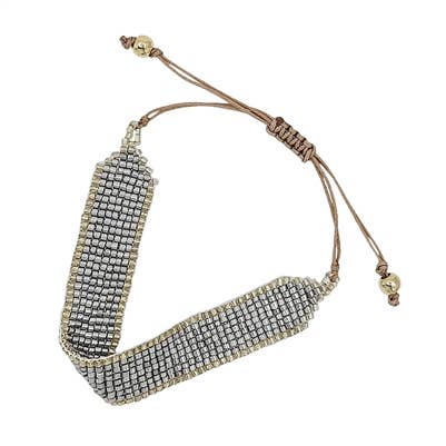 Silver Seed Bead Thin Pull String Bracelet