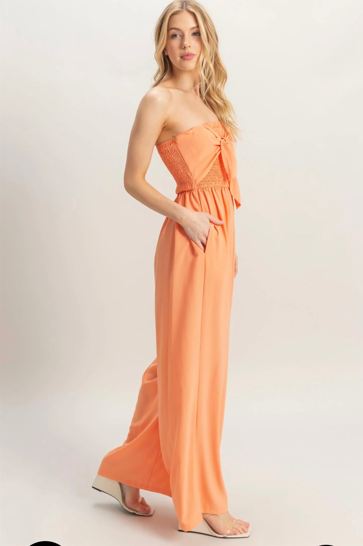 Strapless Tie Front Smocked And Flowy Legs Jumpsuit