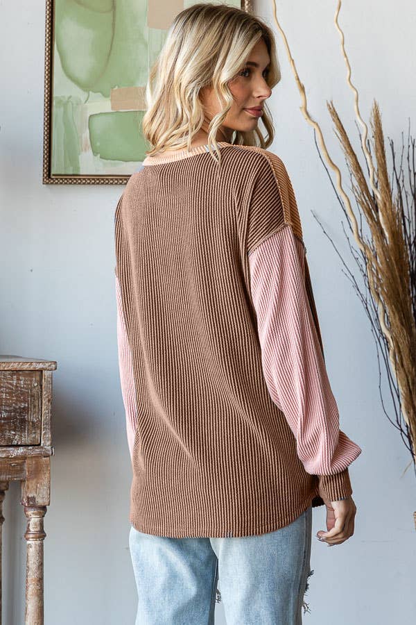 PLUS SIZE Color-block Button Front Drop Shoulder Top