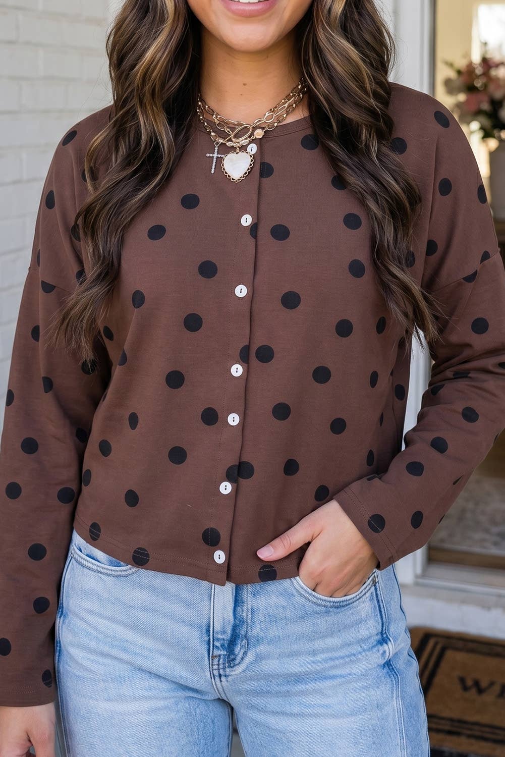 MDB COLLECTION Polka Dot Button Front Shift Cardigan