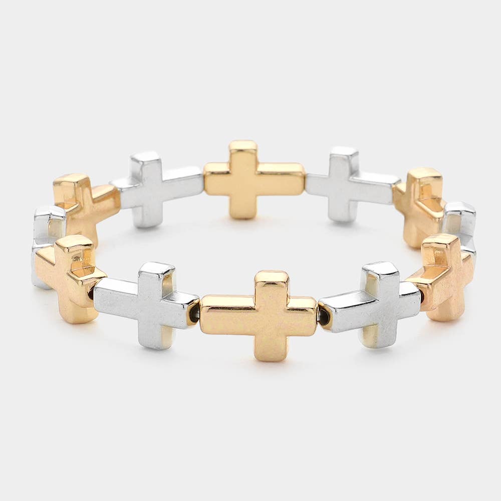 Metal Cross Beaded Stretch Bracelet: Gold
