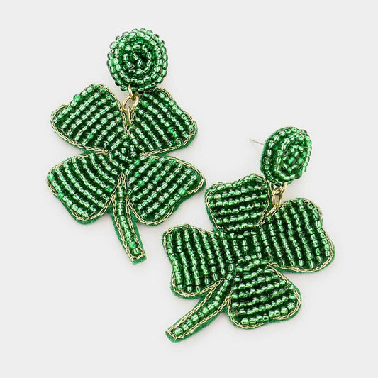 Felt Back Seed Bead ST Patrick's Day Clover Dangle Earrings