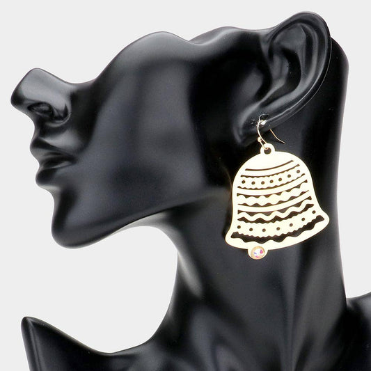 Stone Embellished Brass Metal Jingle Bell Dangle Earrings: Yellow Gold