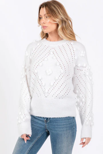 WHITE MOHAIR POM POM SWEATER