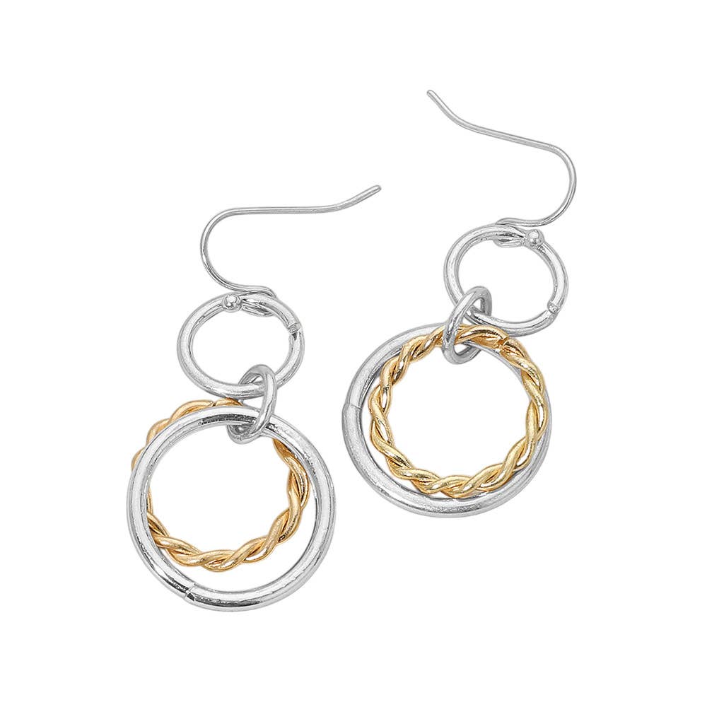 Twisted Metal Double Circle Link Drop Earrings: Worn Gold