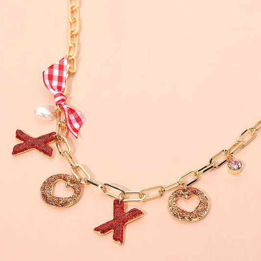TCB Pre Made Glitter XOXO Pearl Heart Bow Charm Charm Necklace