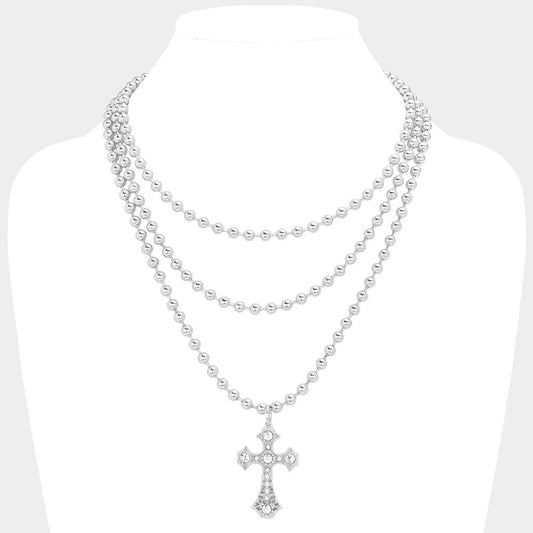 SECRET BOX_Stone Cross Pendant Bubble Chain Necklace