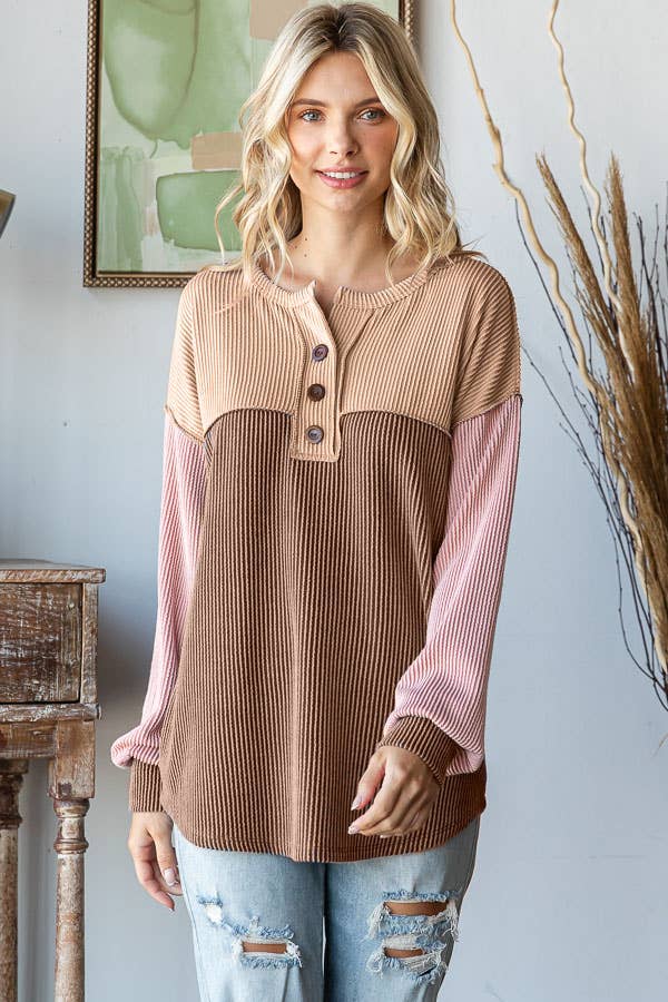 PLUS SIZE Color-block Button Front Drop Shoulder Top