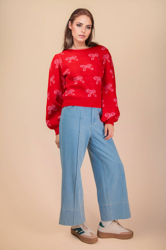 Bow Printed Puff Shoulder Knit Sweater