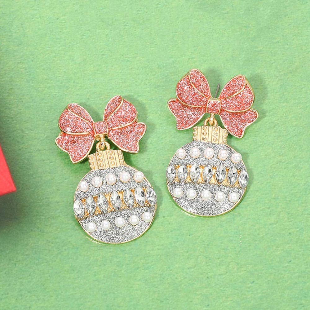 Christmas Bow Ornament Drop Earrings: Gold,Pink,White