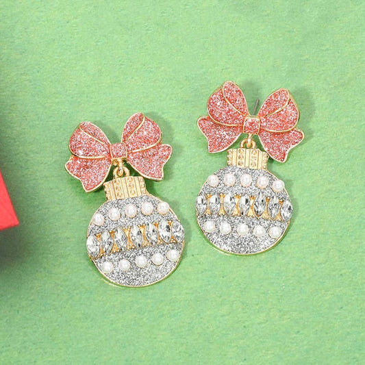 Christmas Bow Ornament Drop Earrings: Gold,Pink,White