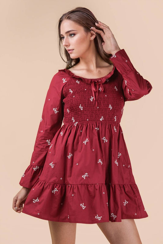 Bow Embroidery Smocked Ruffled Mini Dress: BURGUNDY