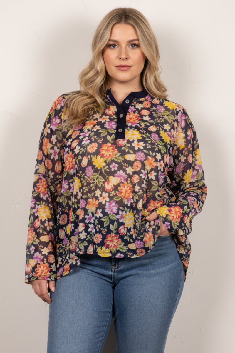 MANDARIN COLLAR FLORAL PRINT PLUS SIZE TOP