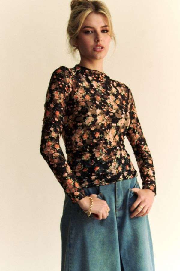 FLORAL PRINT MESH LONG SLEEVE LAYERING TOP: BLACK/ORANGE