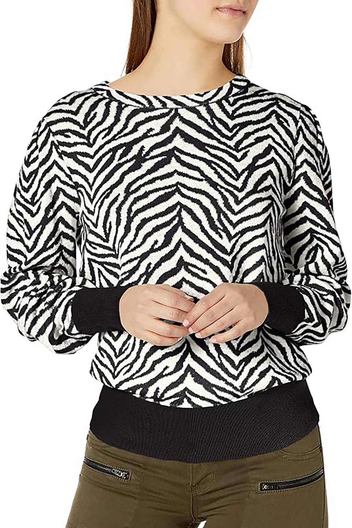 ANIMAL JACQUARD BLOUSON SLEEVE CREWNECK SWEATER: TA/WH / XS