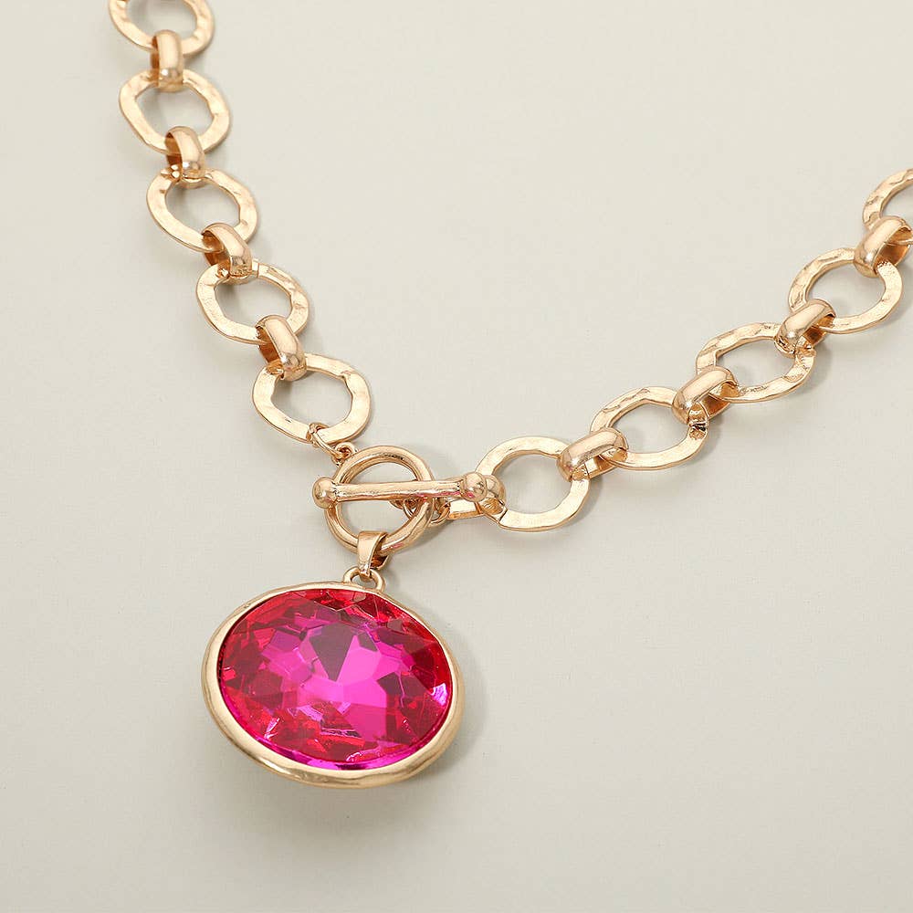Bold Oval Gemstone Pendant Brushed Metal Chunky Chain Toggle Necklace: Green