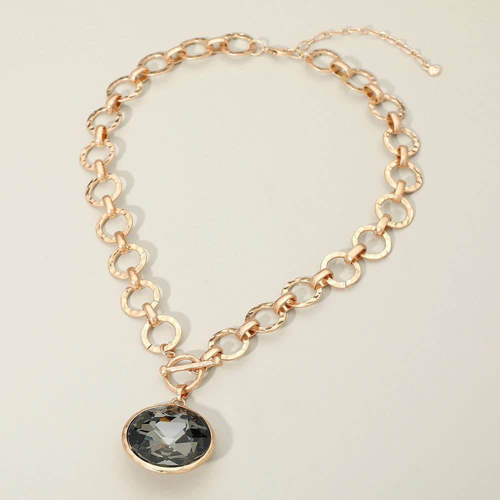 Bold Oval Gemstone Pendant Brushed Metal Chunky Chain Toggle Necklace: Green