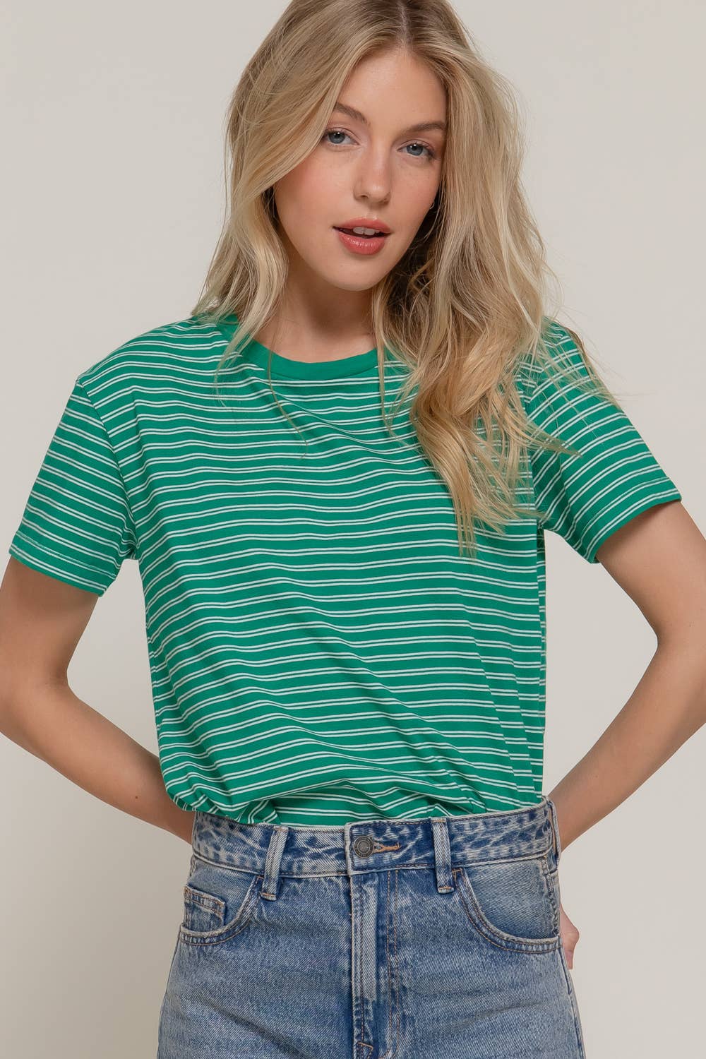 Short Sleeve Round Neck Y/D Stripe Tee