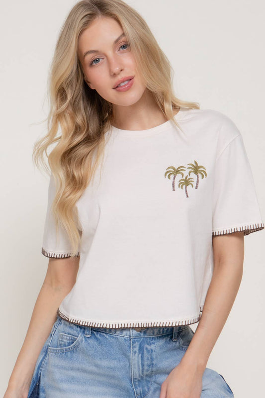 Short Sleeve Round Neck Palm Tree Embroidery Detail