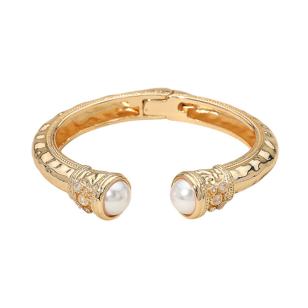 Pearl Tip Accent Hinged Cuff Bracelet: Cream,Gold