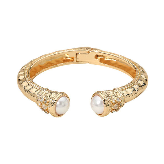 Pearl Tip Accent Hinged Cuff Bracelet: Cream,Gold