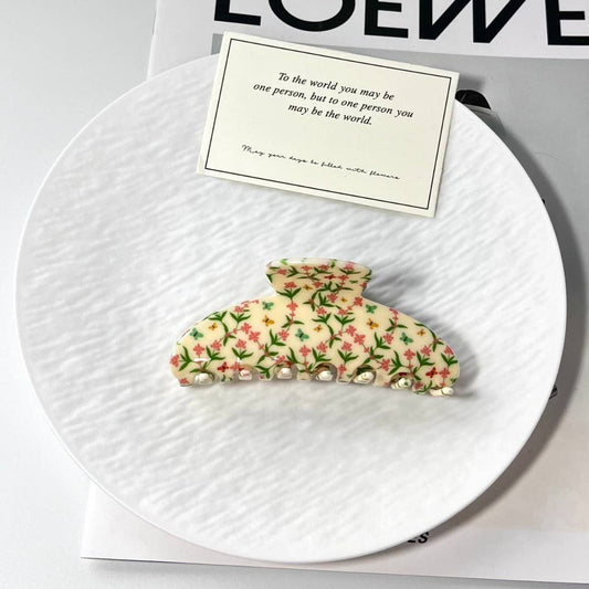 Ditsy Floral Print Hair Claw, Delicate Flower Hair Accessory: Beige