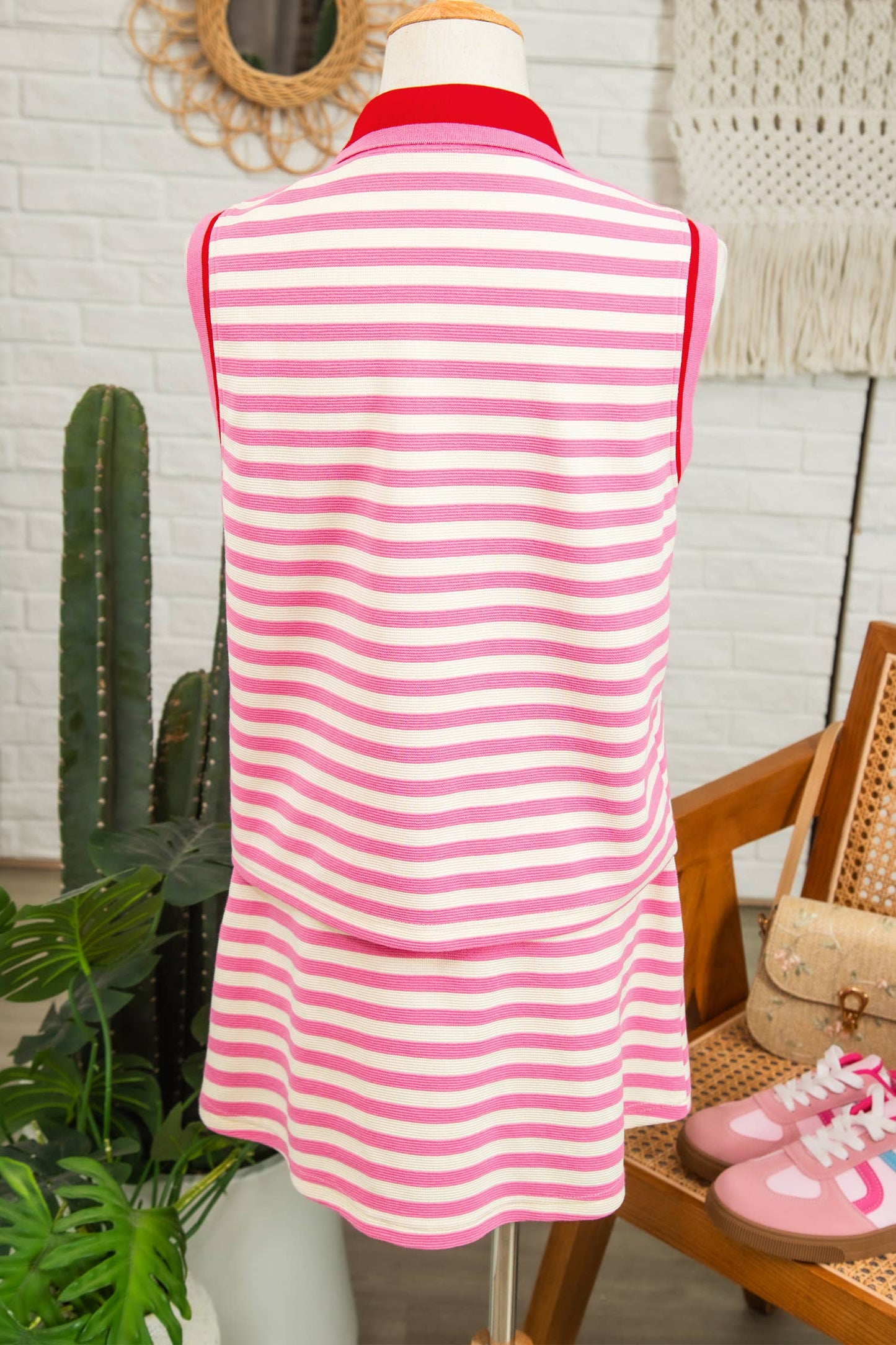 MDB Striped Sleeveless Polo and Skort Two-Piece Set