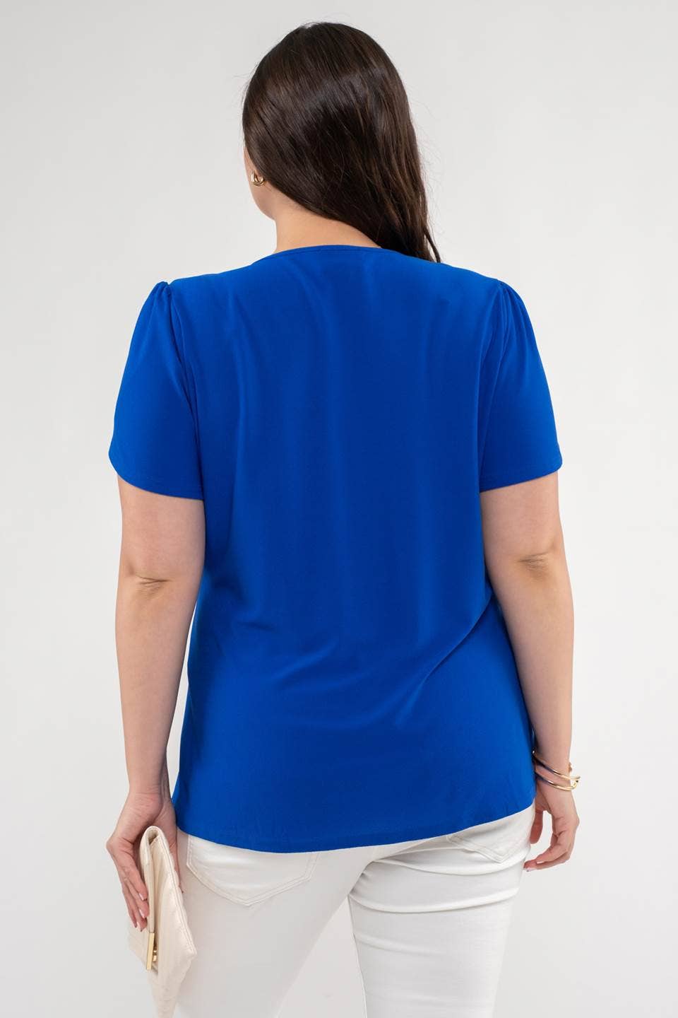 PLUS DRAPE SLEEVE SPLIT NECK TOP: ROYAL BLUE