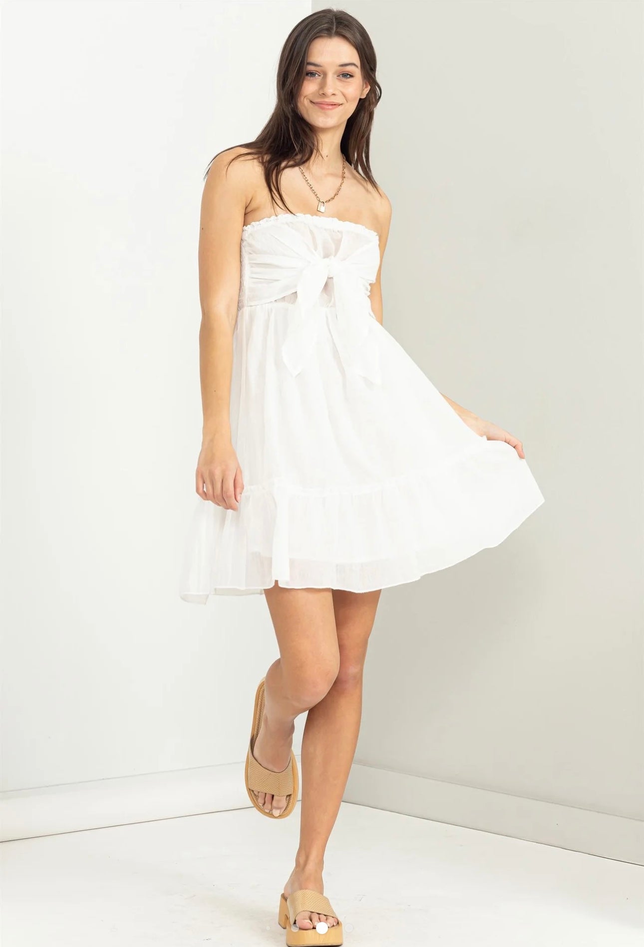 Gauze Strapless Bow Front Mini Dress
