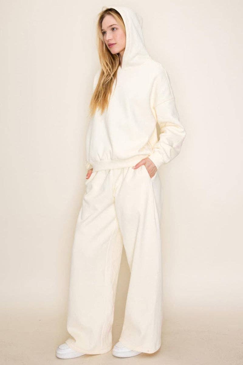 FLEECE BOW WITH SIDE POCKET WIDE LEG PANTS AND MATCHING BOW HOODIE