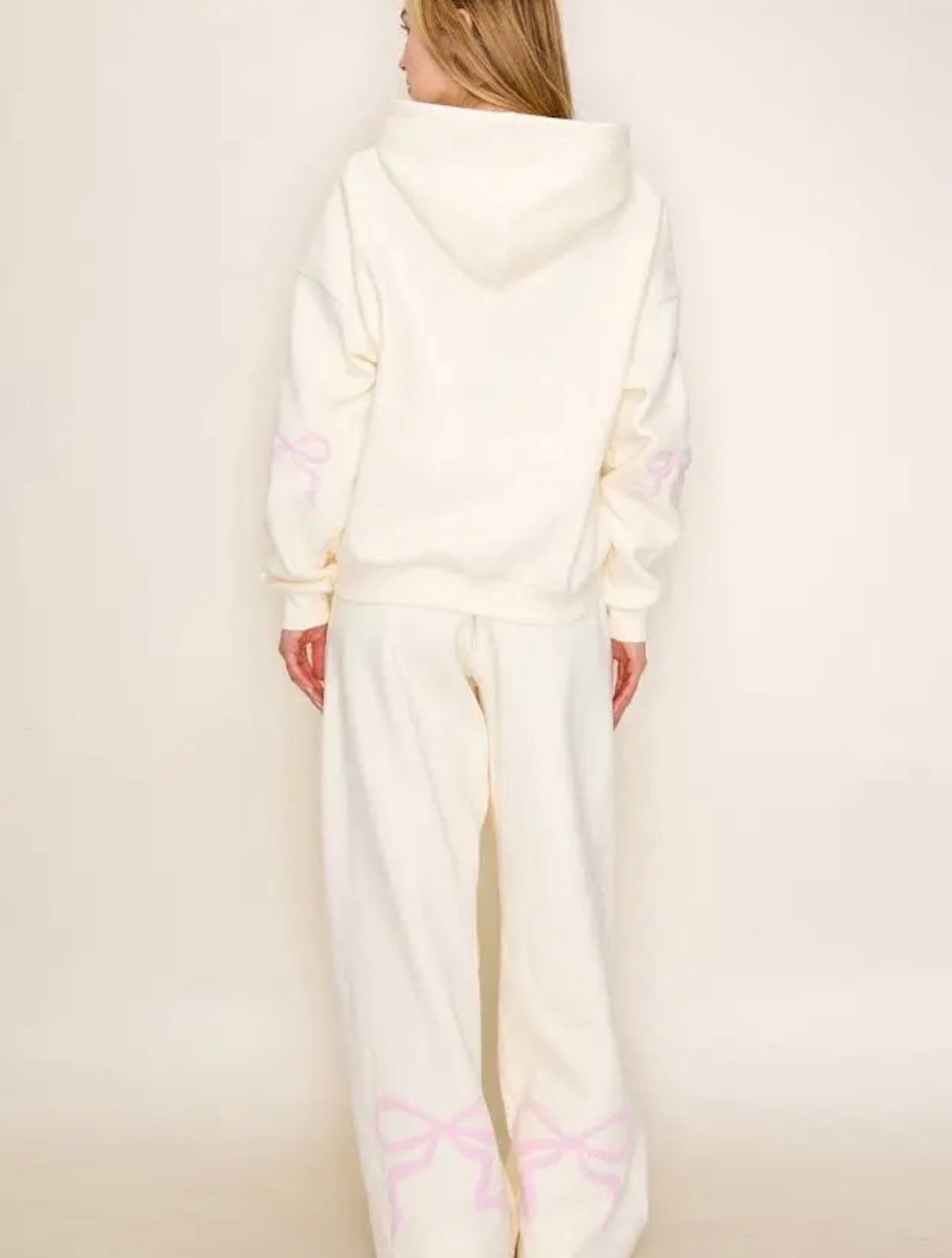 FLEECE BOW WITH SIDE POCKET WIDE LEG PANTS AND MATCHING BOW HOODIE