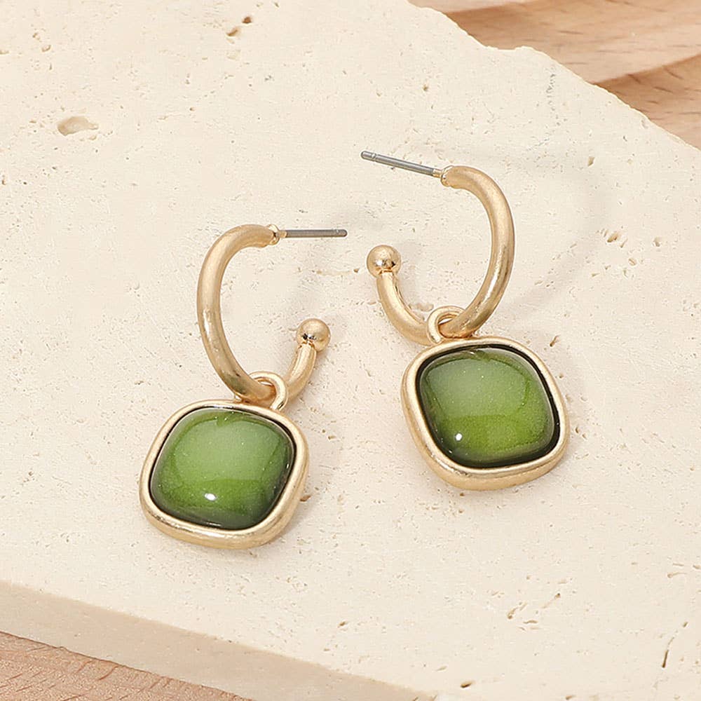 Square Stone Drop Hoop Earrings